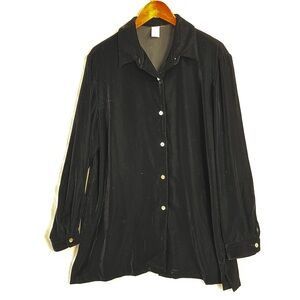 Lands End Vintage Women 18 Velvet Shirt Black Button Down Top Long Sleeve Blouse